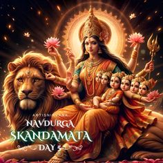 the hindu goddess sitting on top of a lion and surrounded by other people, with text that reads happy nadugra skaandaa day