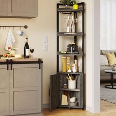 an open shelf in the corner of a kitchen