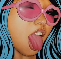 a painting of a woman with sunglasses and tongue sticking out