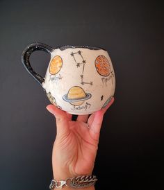 a hand holding a coffee mug with an image of planets on it