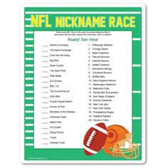 a football game poster with the nfl name and team names in green, orange and white