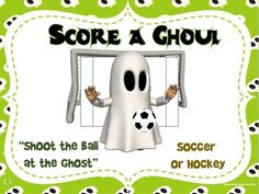 there is a ghost with soccer balls in front of the goal and text that says score a ghou