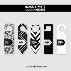 four door hangers with different patterns and designs on them, all in black and white