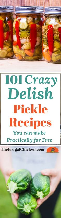 pickles in jars with the title 101 crazy delish pickle recipes you can make practically for free