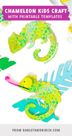 Examples of our kids chameleon craft sitting with paper jungle leaves on a white background Easy Fun Crafts, Cameleon Art, Chameleon Craft, Reptile Crafts, Easy Recycled Crafts, Diy Fascinator