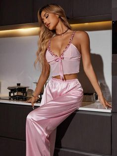 Pijama Satin, Style Development, Bridesmaids Robes, Sleepwear Women Pajamas, Silk Pyjamas, Plain Pants, Lace Trim Cami, Satin Pants