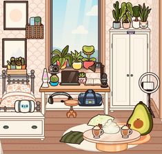 the room is filled with potted plants and various things on the table, including an avocado