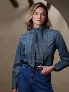 Una Denim Tie-Neck Blouse | Banana Republic Bow Tie Outfits For Women, Bow Shirt Outfit, Bow Tie Blouse Outfit, Denim Blouse Outfits, Denim Bows, Bow Tie Shirt, Denim Blouse, Tie Neck Blouse, Blouse Outfit