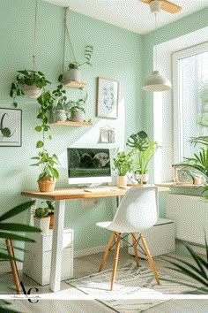 a home office with green walls and plants on the desk, along with a computer