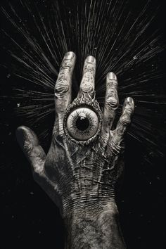 a hand holding an eye in the middle of it's palm, with lots of splots coming out of it