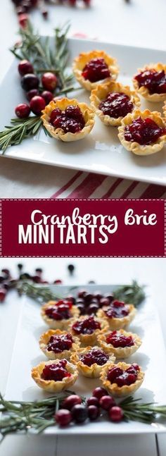 mini tarts with cranberry sauce and rosemary sprigs on the side