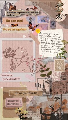 a collage with many different pictures and words on the page, including an image of a woman's face