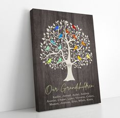 a family tree with colorful birds on it and the words our grandfather written in white