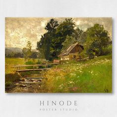 an image of a painting of a house in the woods with flowers and trees around it