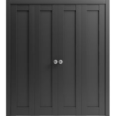 a black cabinet with two knobs on the front and one door open to show it's interior