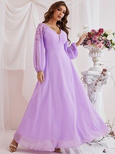 Elegant Long Sleeve Purple Chiffon Dress, Spring Purple Long Sleeve Princess Dress, Elegant Long Sleeve Purple Maxi Dress, Traditional Long Sleeve Purple Maxi Dress, Feminine Purple Long Sleeve Maxi Dress, Lavender Color Dress, Long Beach Wedding Dresses, Purple Long Sleeve Dress, Full Sleeves Dress