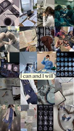 a collage of pictures with people working and writing