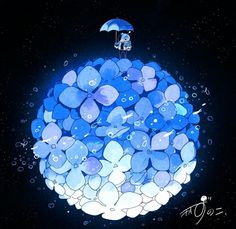 an umbrella is sitting on top of a pile of blue rocks in the night sky