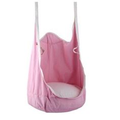 a pink hanging chair with white straps