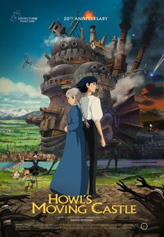 the movie poster for how's moving castle with an older man and woman standing next to each other