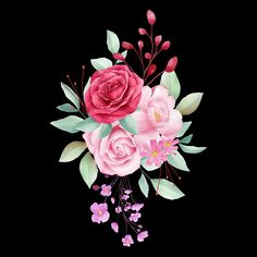 a bouquet of pink flowers and green leaves on a black background with space for text