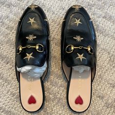 Gucci Mules (Princetown Leather Slipper), Black With Gold Embroidered Bees, Never Worn, New With Tags, Original Box And Dust Bags And Paper Stuffing Gucci Slipper, Brown Mules, Gucci Sandals, Gucci Floral, Brown Loafers, Rhinestone Heels, Leather Slippers, Loafer Mules, Blue Sandals