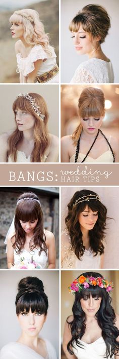 Check out these professional hair dresser tips on wedding hair styles with full bangs! Full Bangs Hairstyle, Wedding Hair Tips, Updo With Headband, Wedding Hairstyles And Makeup, Types Of Hair, Peinados Fáciles Para Cabello Corto