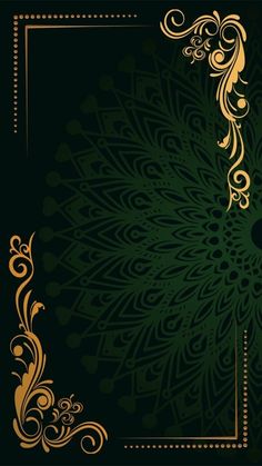 a green and gold background with an ornate design in the middle, on top of a black