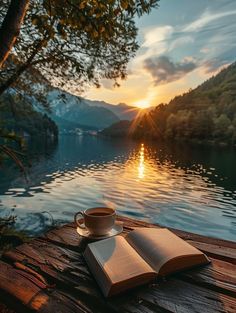 an open book and cup of coffee on a wooden table overlooking a lake at sunset