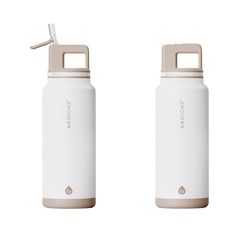 two white insulated water bottles with handles