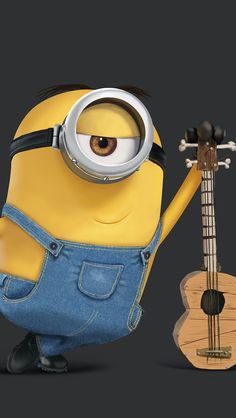 a minion holding a ukulele and wearing overalls