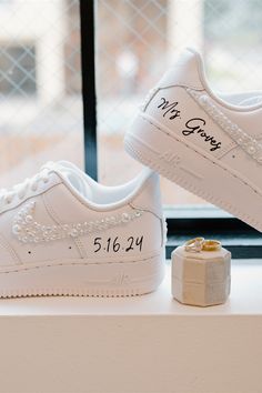 Bride's customized white Nike AIR shoes with pearl details Custom Bridal Sneakers, Bride Nike Sneakers, Wedding Jordans Sneakers, Bridal Sneakers Brides, Wedding Nikes, San Antonio Wedding Photography, Personalized Wedding Details, San Antonio Wedding Venues