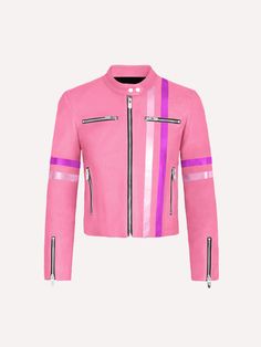 The bestselling Racer silhouette was developed by reworking ‘70s vintage racer jackets, evolving the style to have a tailored shape that fits like a glove and feels like it was made just for you. Zip-fastened pockets at chest and sides. Zip closure at front and sleeves. Signature Mighty hardware throughout. Pink Racer Jacket, Purple Racer Jacket, Purple Racing Jacket, Orange Racer Jacket, Pink Biker Outerwear With Zipper Closure, Racer Jackets, Blue And Silver, Best Sellers, Jumpsuit Dress