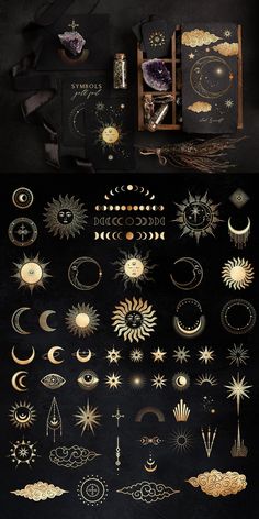 an array of gold and black images on a dark background