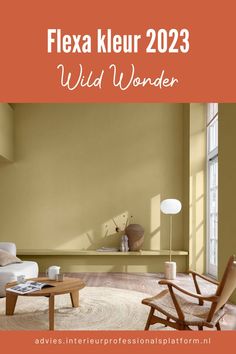 a living room with yellow walls and white furniture in the center is an orange background that says flexa klevr 223 wild wonder