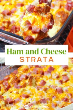 ham and cheese strata casserole on a spatula with text overlay