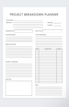 a printable project breakdown planner is shown on a white background with the title'project breakdown planner '