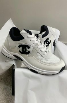 Chanel Sneakers White, Chanel Sport Shoes, Chanel Trainers Outfit, Channel Sneaker, Luxury Shoes Sneakers, Chanel Trainers, Channel Shoes, Trainers Outfit, Pretty Sneakers