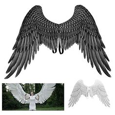 an angel with large white wings is shown in black and white, next to a photo of