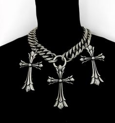 Les Trois Supérieurs- High Quality Silver Stainless Steel Statement Necklace with 3 Punk Crosses, Large Size Gothic Punk Edgy Crosses * Stainless Steel Chain & Charms * Includes a 3" extension for adjustability * Handmade in Los Angeles Swag Makeup, Ring Der O, Cross Chain, Chunky Jewelry, Gothic Punk, Expensive Jewelry, Steel Chain, Stainless Steel Chain, Anime Demon