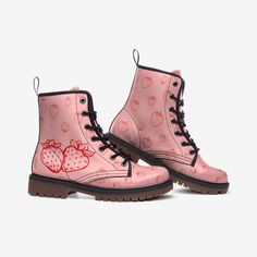 Strawberry Boots Strawberry Pink Vegan Leather Combat Boots Strawberries Pattern Pink Shoes Rubber sole Faux Leather Padded collar for added comfort Lace-up front Wide Fit PROCESSING : -Your Boots are made to order, meaning we print them special just for you when your order is placed. Please allow 4 - 7 business days for us to print your Boots. -The average shipping time is 7 - 20 business days depending on the delivery destination. Casual Pink Flat Heel Boots, Cute Leather Boots For Winter, Cute High-top Leather Boots, Cute Leather Boots For Spring, Cute Leather Winter Boots, Cute Pink Leather Boots, Cute Leather Closed Toe Boots, Casual Pink Boots With Round Toe, Strawberry Boots