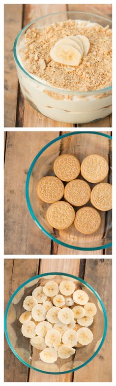 three pictures showing the process to make an oatmeal cookie crust in a glass dish