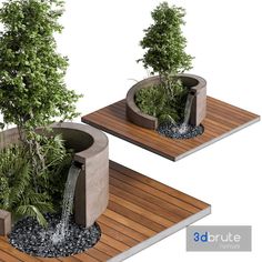 two planters with trees in them on a wooden floor and one has water coming from it