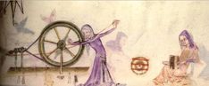 two women are standing in front of a spinning wheel, and one woman is holding her arms out