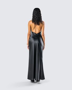 Slip into seduction with this black maxi dress 🖤 Made from luxurious satin charmeuse fabric, this piece is complete with a bias cut and a cowl neck for a look that gives off a chic and mysterious vibe that will have everyone hooked 😌 Charmeuse Fabric, Holly Black, Dreamy Dress, Black Maxi, Cargo Pant, Black Maxi Dress, Black Satin, Cowl Neck, Dress Making