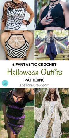 four different crochet halloween outfits with text overlay that reads, 6 fantastic crochet halloween outfits patterns