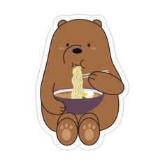 a brown bear eating ramen from a bowl with chopsticks in its mouth