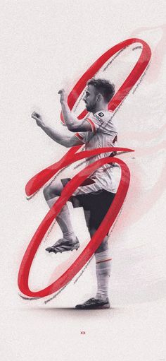 a man is kicking a soccer ball in the air with red circles around him and his arms are stretched out