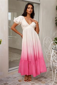 Length from bust to hem of size S: 132cm.  Chest: 40cm, Waist: 33cm, across front only of size S.  Maxi dress.  Semi-lined.  Model is a standard XS and is wearing size XS.  True to size.  Non-stretch.  Elastic neckline, sleeves.  Flowy skirt.  V-neckline.  Cream ombre into pink.  Zipper with hook eye closure.  Cold hand wash only.                 Print placement may vary.                 Cotton/Rayon.   Your next daytime 'fit is sorted with the Rise And Shine Maxi Dress. Featuring an elastic neckline and puff sleeves with a gorgeous flowy skirt. Style with sandals for all the attention. Pink Spring Dress Outfit, Colourful Maxi Dress, Rayon Dress Design, Maxi Dress Sleeves, Tailored Outfits, First Day Outfit, Cotton Summer Dress, Dressy Dress, Simple Frocks