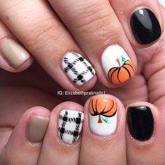 Nail Ideas Pumpkin, Nails With Pumpkin Design, White Nails With Pumpkin Design, Acrylic Nails With Pumpkins, Pumpkin Manicure, Pumpkin Gel Nails, Fall Nails For Kids, Plaid Nail Designs Fall Short, White Pumpkin Nails